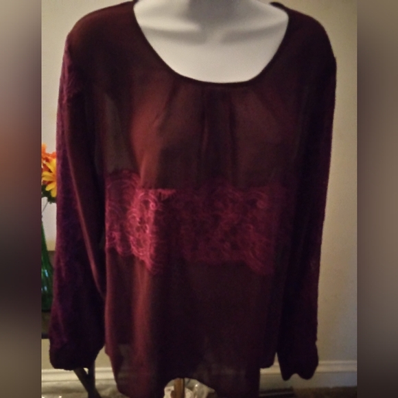 Kardashian Kollection Womens Burgundy Blouse XL Chiffon Sheer Lace Overlay - Picture 4 of 13